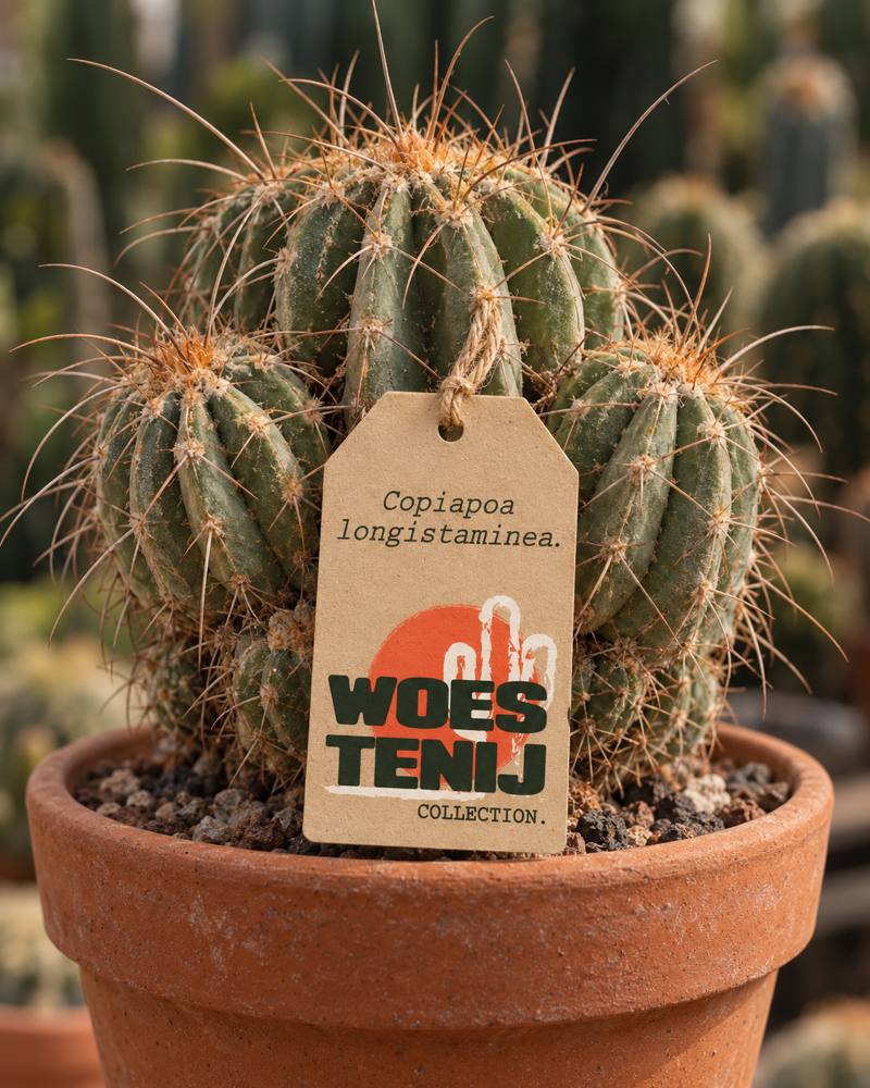 Copiapoa longistaminea in terracotta pot met kartonnen Woestenij-label