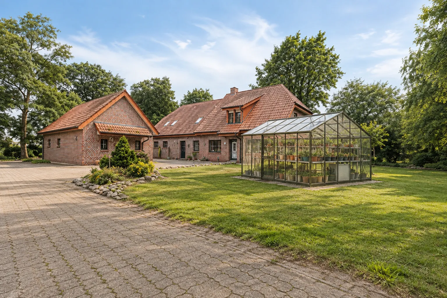Het erf van Woestenij: het pand met rode daken, het gazon en de glazen kas vol cactussen